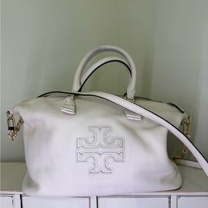 Tory Burch Cream Leather Logo Satchel with Gold Hardware